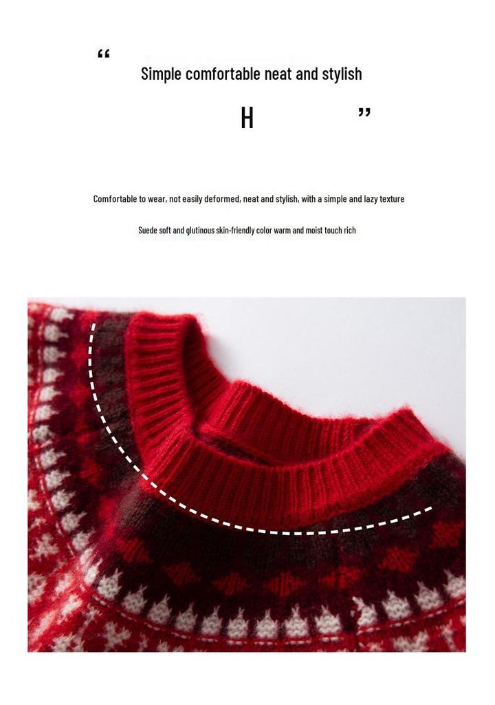 Women's Cashmere Fair Isle Sweater - 2025 Autumn/Winter Collection, Thickened Round Neck, Loose Fit, Long Sleeve Knit Base Layer.