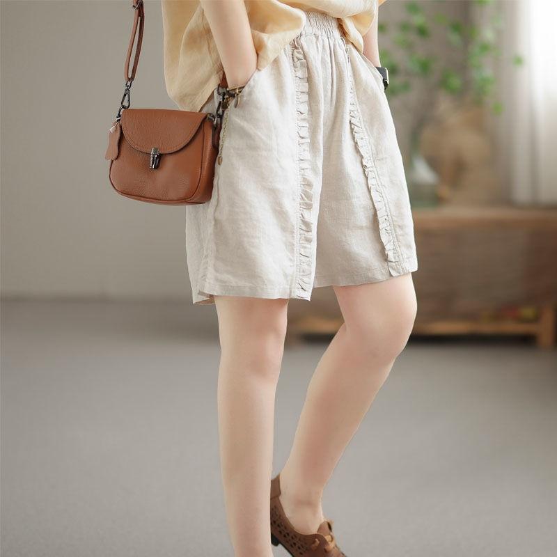 Summer Women's Shorts Casual Pants Loose Retro Pleated Women's Cotton Linen Elastic Waist Pants