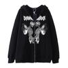 Skull Wing Print Hooded Zip-Up Sweatshirt Women Loose Fit Fleece Lined Long Sleeve Streetwear