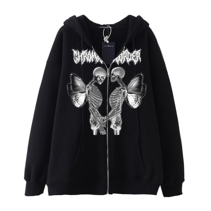 Skull Wing Print Hooded Zip-Up Sweatshirt Women Loose Fit Fleece Lined Long Sleeve Streetwear