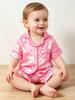 2 Pieces Baby Girls Cute Pink And White Rabbit & Peach Print Pajamas,Soft Satin Notch Lapel Short Sleeve Summer Sleepwear Set For Holiday Nightwear