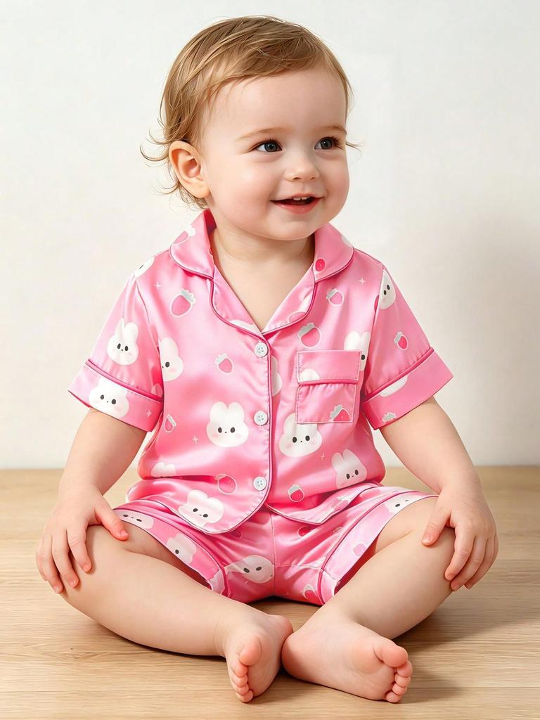 2 Pieces Baby Girls Cute Pink And White Rabbit & Peach Print Pajamas,Soft Satin Notch Lapel Short Sleeve Summer Sleepwear Set For Holiday Nightwear