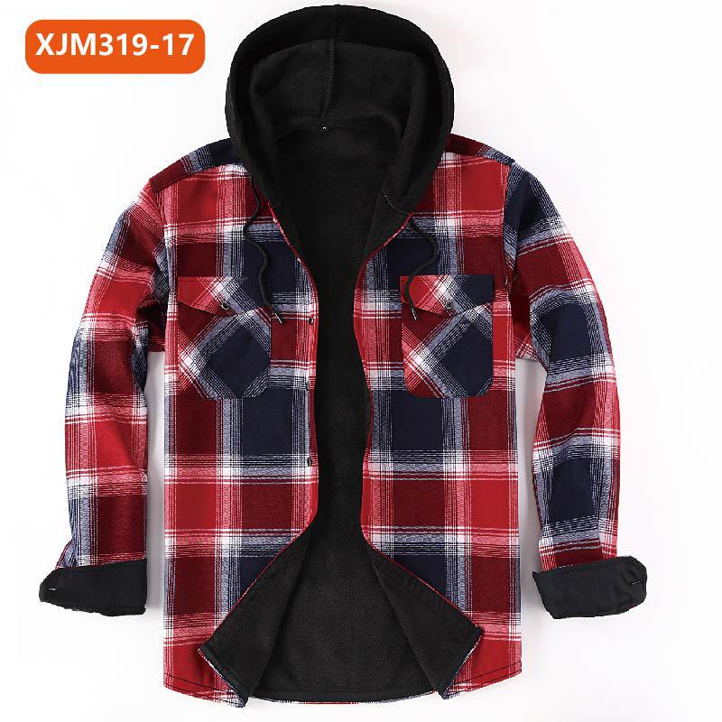 Мужская многослойная клетчатая рубашка с капюшоном — теплая плотная рубашка с длинным рукавом для осени и зимы