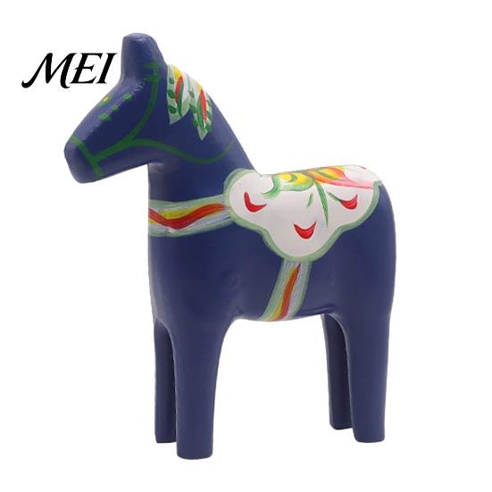 Eco Friendly Painted Wood Horse Hand Dala Trojan Figurine, Solid Vintage Scandinavian Ornament Statue, Rustic Decorative Tabletop for Home Farmhouse