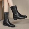 Fashion Black Leather Fleece-Lined Autumn Winter Round Toe Ladies Mid Calf Shoes Chic and Elegant Pu Middle Heel Women's Half High Boots