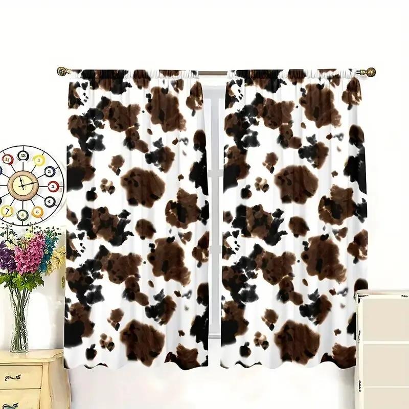 2 pieces - Textured cow spot pattern printed curtains   window decorations   home decorations   room decorations