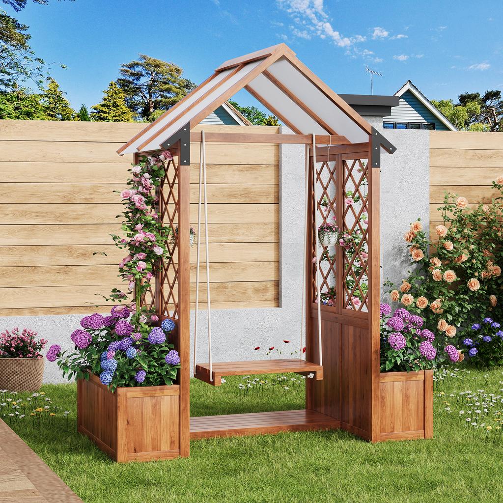 Planter, Outdoor Swing, with Trellis as Climbing Aid, with Polycarbonate Sun Roof. Flower Box, Brown Solid Wood, Suitable for Garden, Yard and Terrace