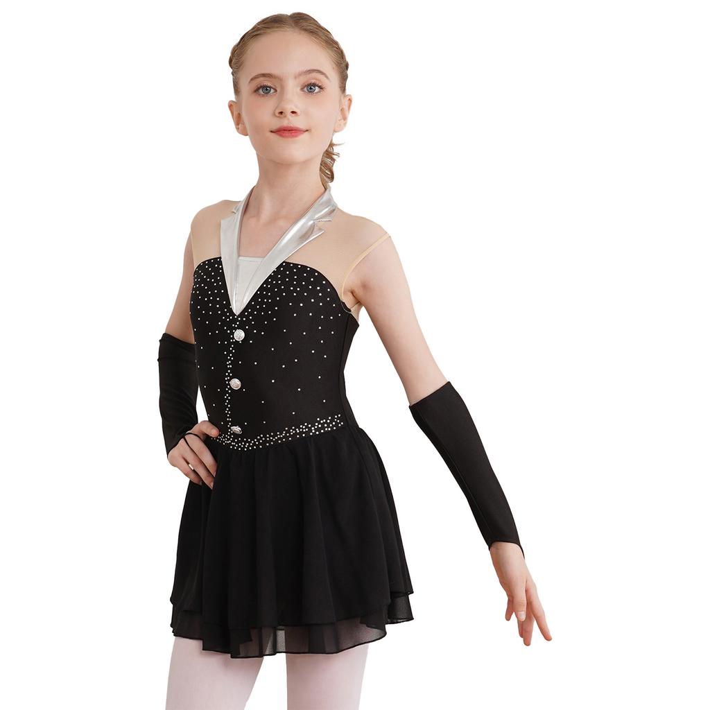 Girls Sparkling Skating Dress Sleeveless Patchwork One Piece with Fingerless Gloves Built In Briefs Performance Costume