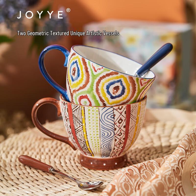 Керамические кружки JOYYE с ручной росписью, геометрический дизайн, с ложками, набор из 2 штук