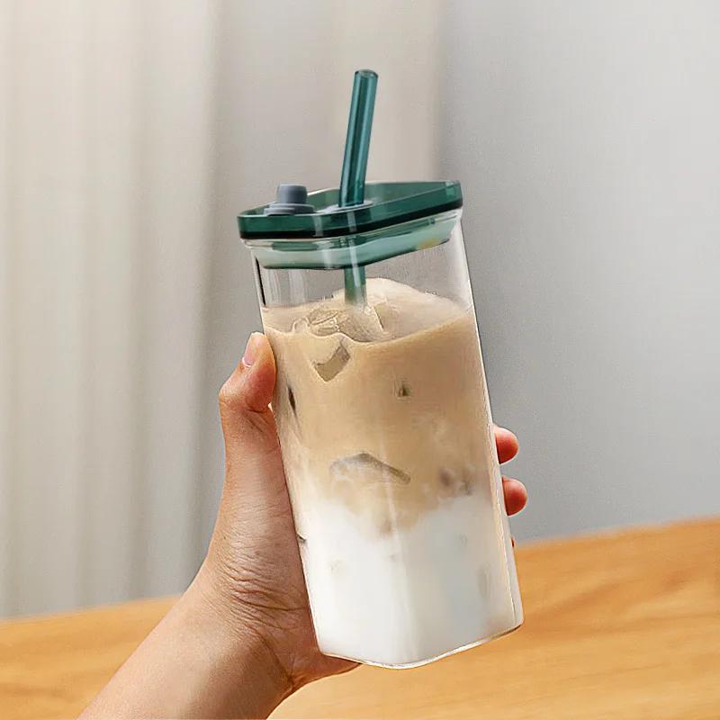 Квадратная термостойкая прозрачная стеклянная кружка для кофе, молока, чая, сока, стакан для воды с крышкой и соломинкой, кофейная чашка, кружка для напитков