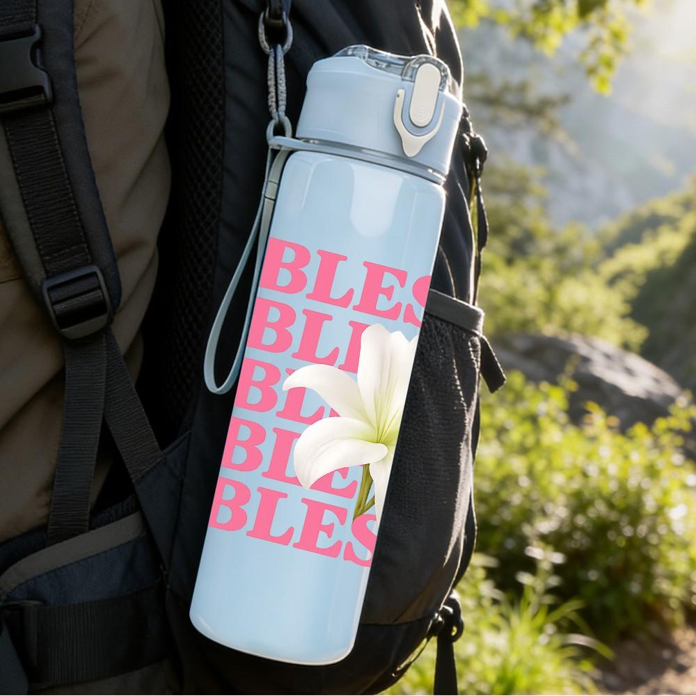 1PC Repeated Blessed Pink Letter Art 750ml Color Plastic Sports Water Bottle Leakproof Flip Straw Lid Suitable for Sports Office Home Use