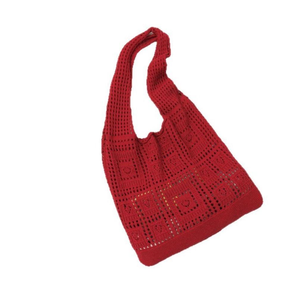 Woven Crochet Mesh Bag Solid Color Shopping Handbag Simple Knitting Shoulder Bag Summer