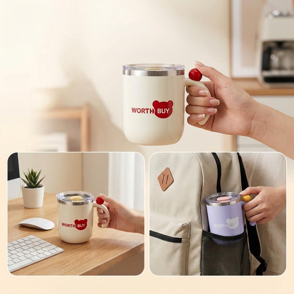 Thermal Coffee Mug 14oz Insulated Travel Cup 316 Stainless Steel Tumbler with Handle Leakproof Cute Portable Water Bottle 430ml