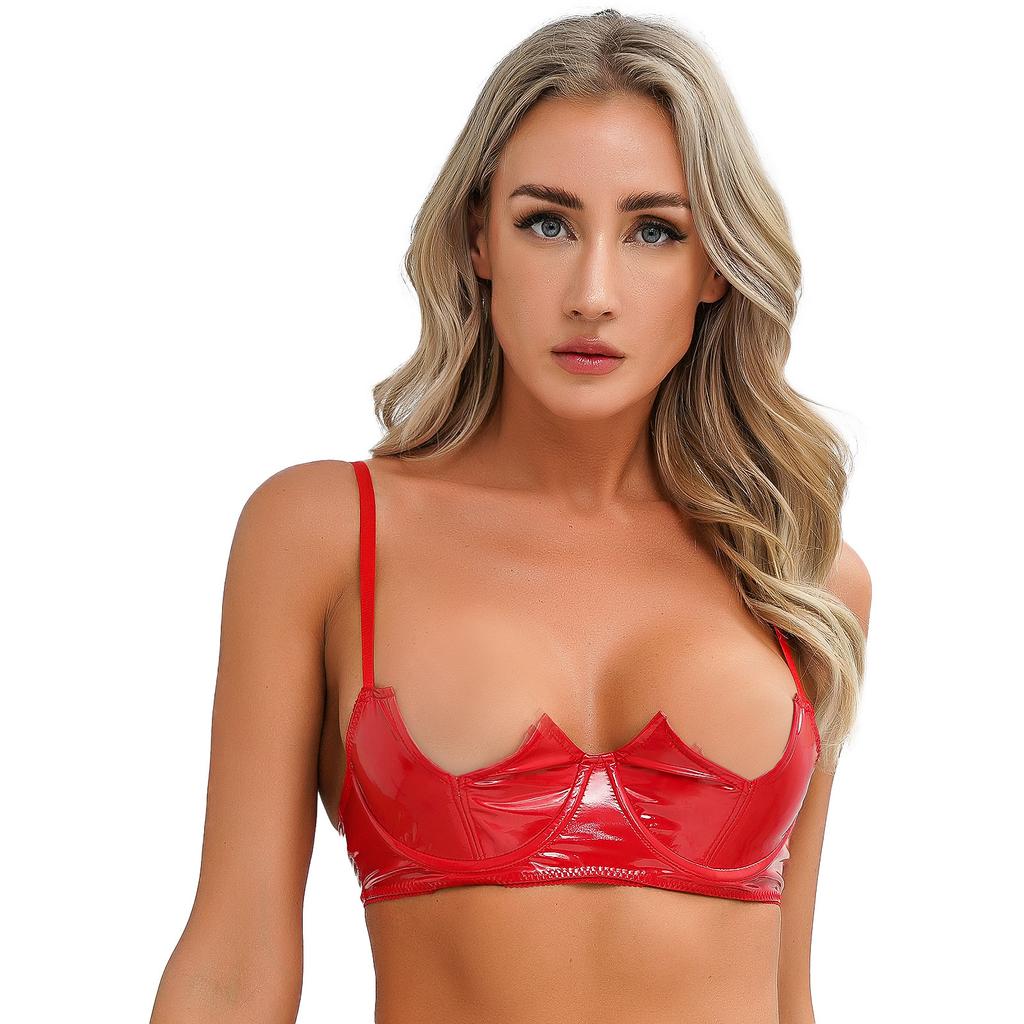 Womens V Notch Underwired Bra Wet Look Patent Leather Adjustable Spaghetti Strap Brassiere Top