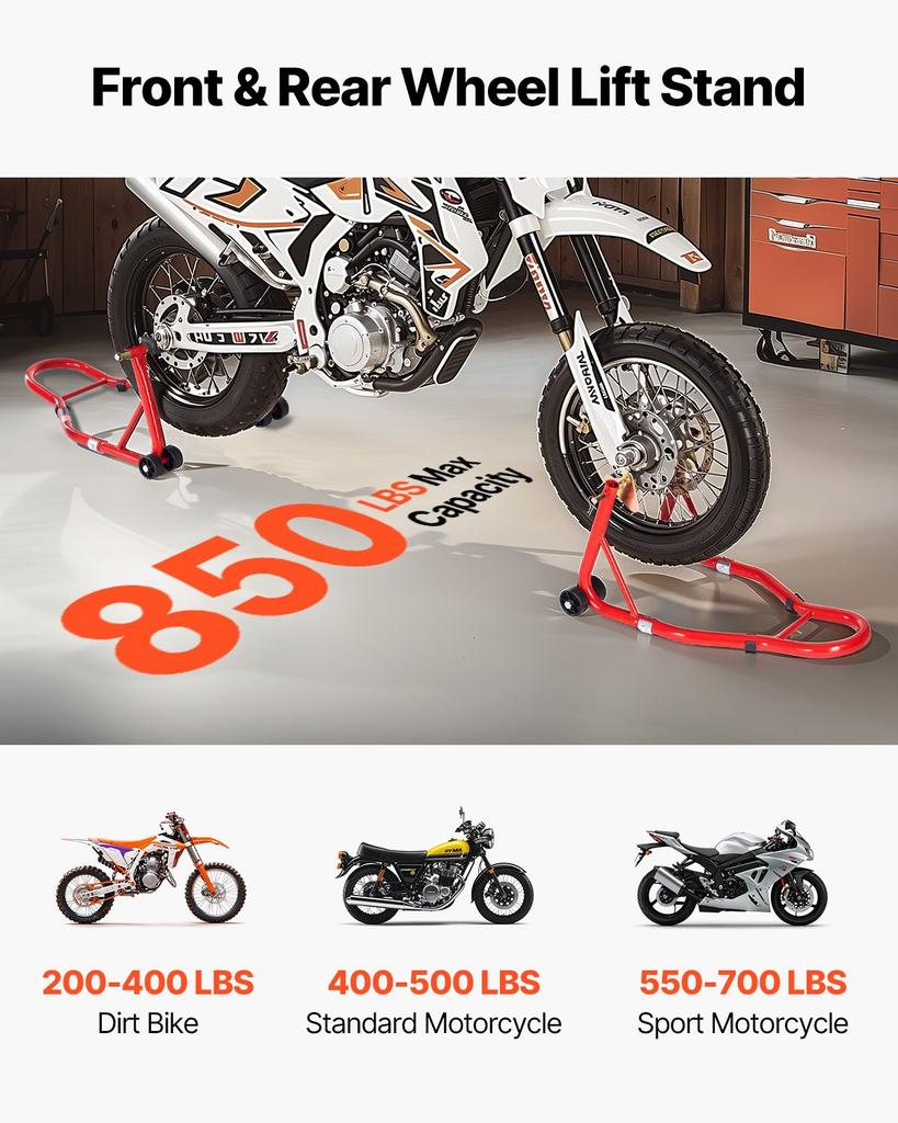 VEVOR Motorcycle Stand Lift, 850lbs Capacity Front Rear Combo Stand Lift, Front Wheel Dual-Fork Stand, Rear U+L Fork Swingarm Spool Stand