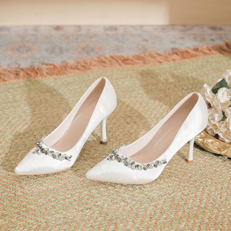 New Pointed Stiletto Shoes Large Size Plus Wide Pearl Women's High Heels Wedding Shoes Bridesmaid Shoes Rhinestone Fashion