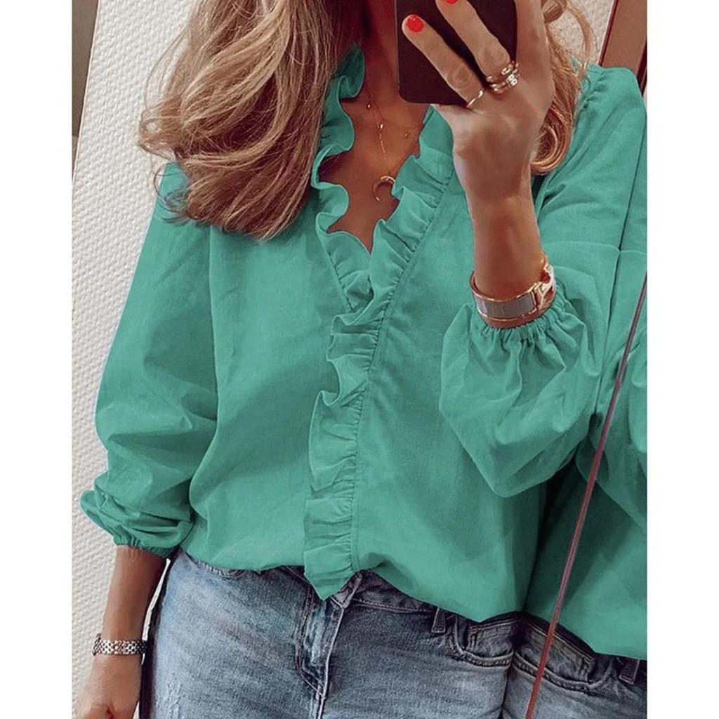 New European & American Style Women's Casual Solid Color Long Sleeve Ruffle Trim V-neck Blouse Top