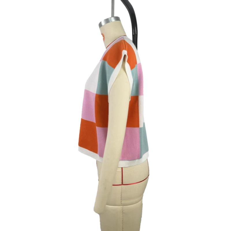 Вязаный клетчатый свитер с круглым вырезом и короткими рукавами, женский короткий топ с высокой талией и открытым пупком, повседневный трикотаж