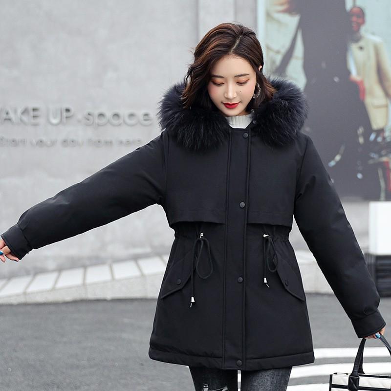 Womens Winter Mid-Length Cotton Puffer Coat With Faux Fur Collar Warm Lined Slim Fit Plus Size Available