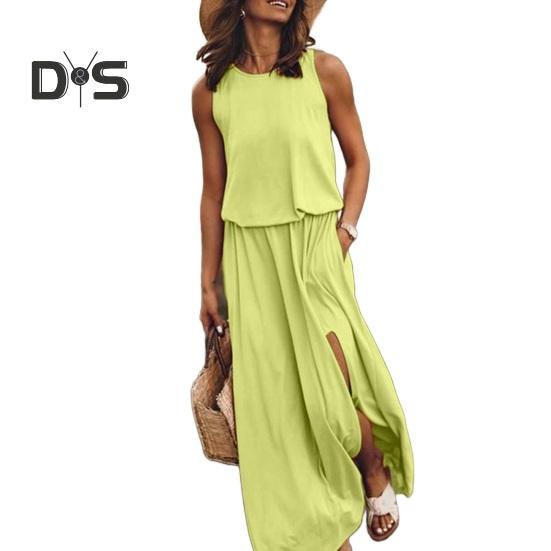 Женское летнее платье с плиссировкой, круглым вырезом, без рукавов, однотонное, свободное, с разрезом, макси-платье, повседневная одежда для свиданий, вечеринок, длинное платье