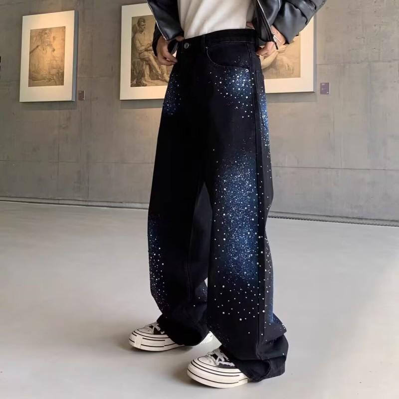 Mens Loose Straight Jeans Vintage Wash Gradient Denim Pants Casual Streetwear