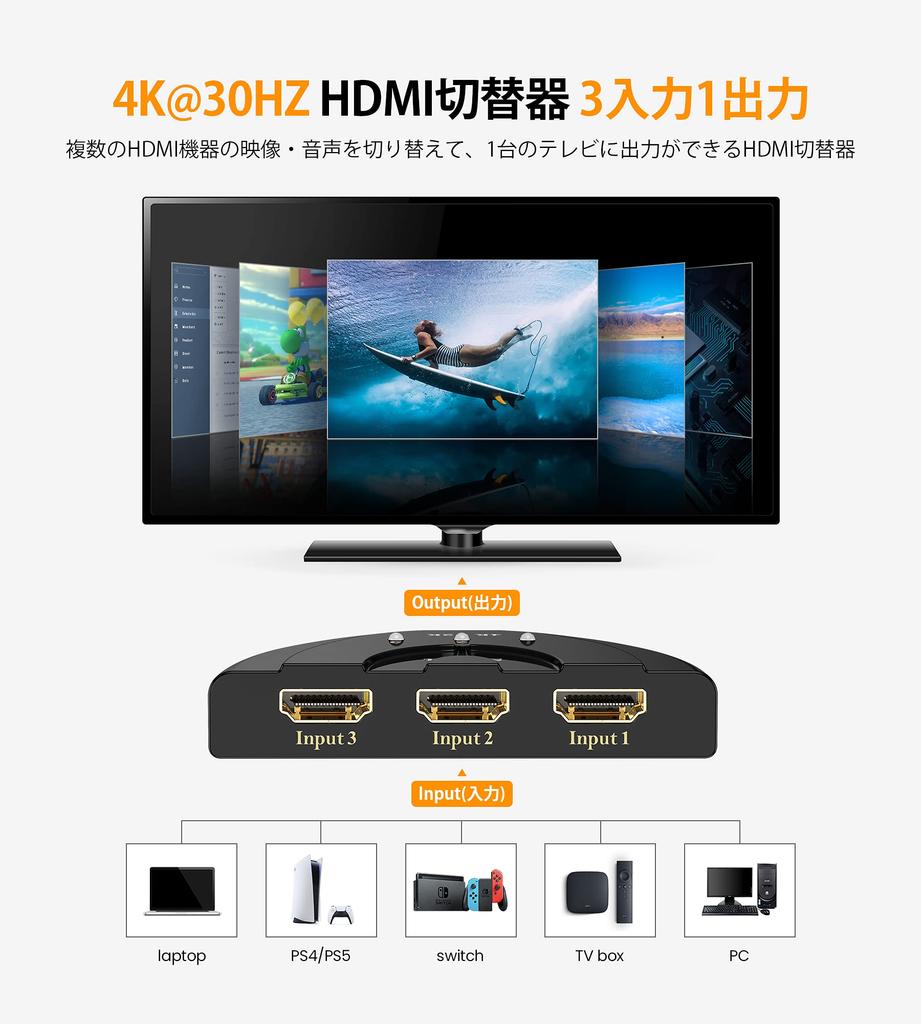 GANA HDMI 3 Совместимый без блока питания Совместимый с Chromecast One Игровой Xbox LCD Switch/Разветвитель/Селектор, 4Kx2K, 1 Вход/1 Выход, Позолоченный
