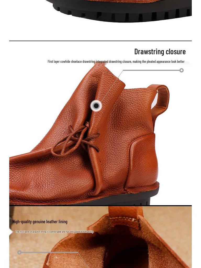 2025 Women's Retro Slouch Boots - High-End Cowhide, Soft Sole, Flat Heel Casual Short Boots