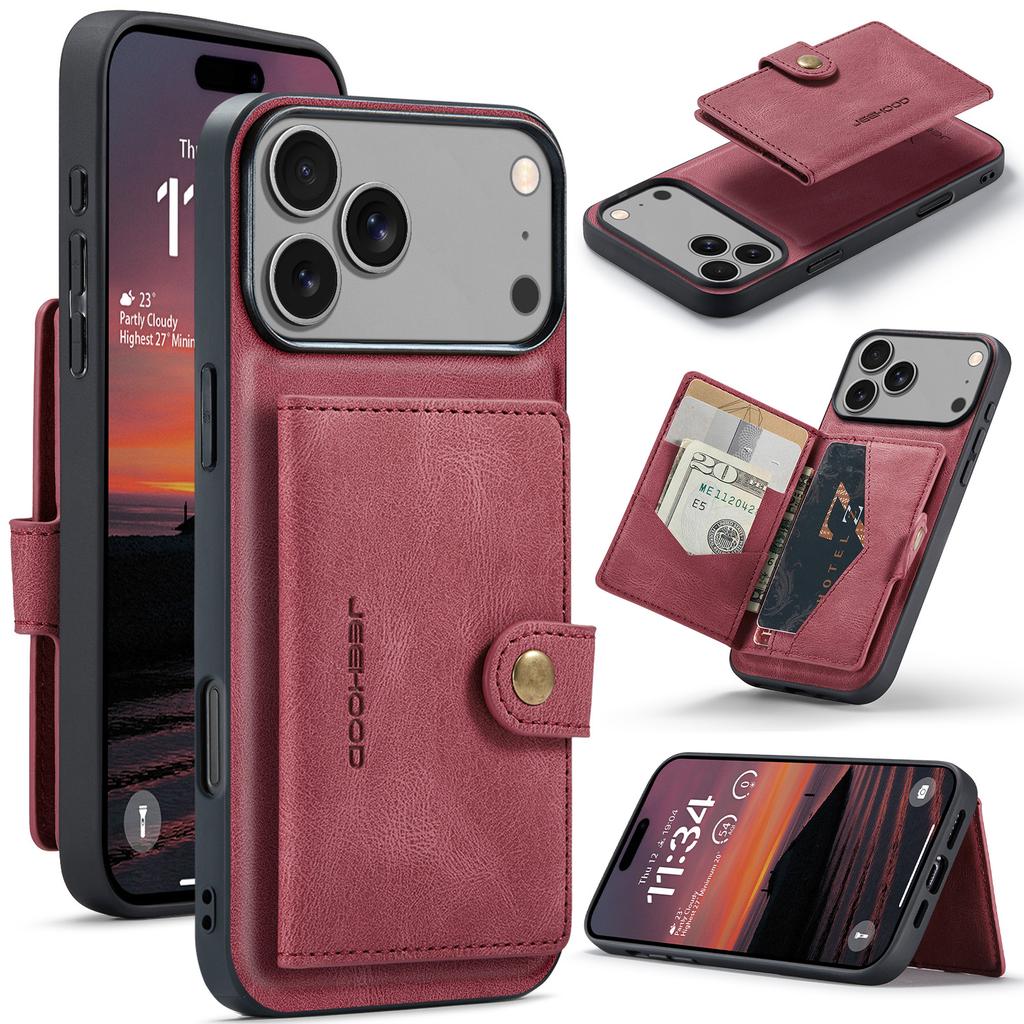 For iPhone 17 Pro Case JEEHOOD J01 Retro Leather + TPU Phone Cover Detachable Magnetic Card Holder