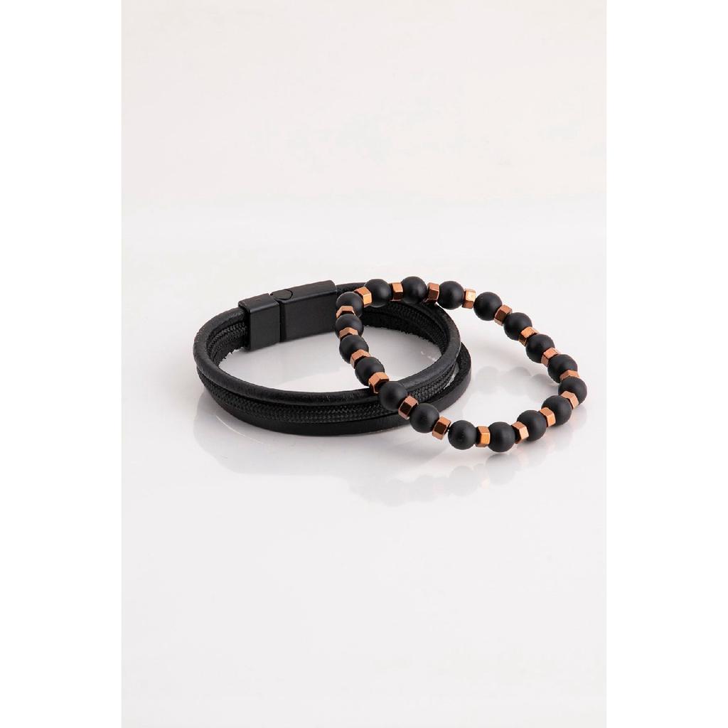 Мужской комбинированный браслет из черной натуральной кожи и гематита из натурального камня 001