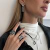 TrendyIrregular Silver Edge Acrylic Pendant Black Beaded Metal Chain Tassel OT Clasp Necklace Earrings Ring Women's Jewelry Sets