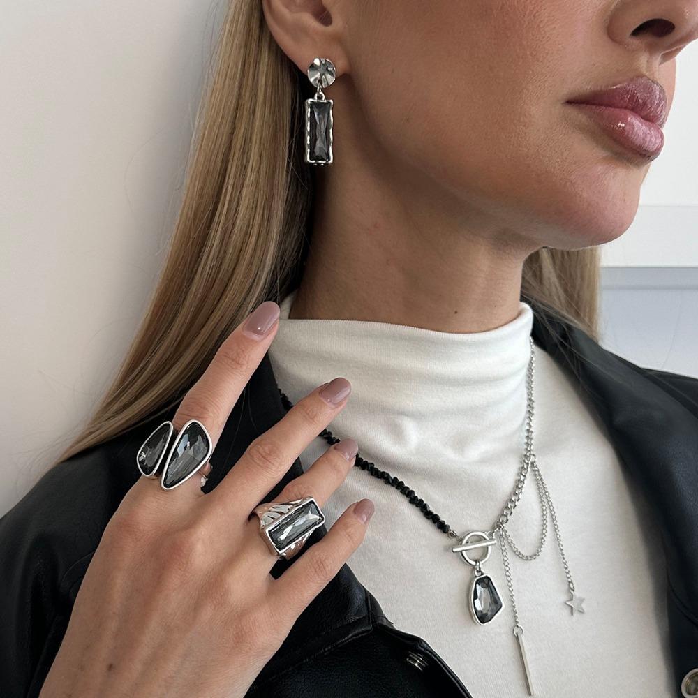 TrendyIrregular Silver Edge Acrylic Pendant Black Beaded Metal Chain Tassel OT Clasp Necklace Earrings Ring Women's Jewelry Sets