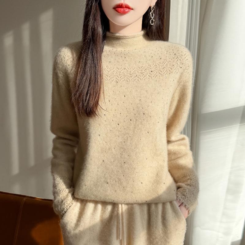 Women's 100% Pure Wool Sweater, Rolled Hem, Half-High Collar, Double-Ply, Thickened Knit, Rhinestone Inlaid, New Autumn/Winter Style