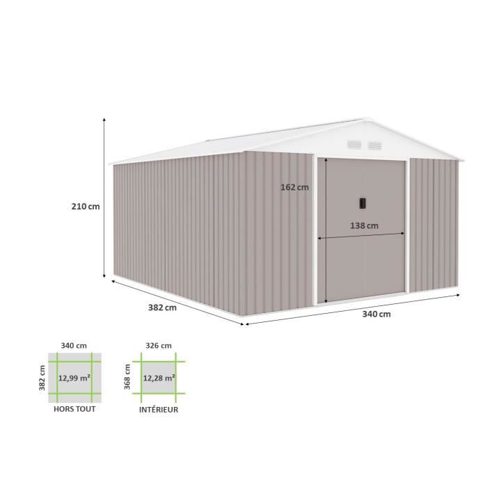 Metal Garden Shed 12.99 M² - 340 X 382 X 210 Cm - NEPTUNE - Anchoring Kit Included, 2 Sliding Doors - Taupe