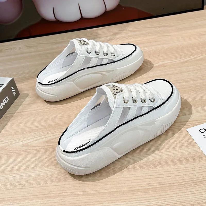 Полутапочки, белая обувь, женские летние новые туфли с носком для улицы, тапочки на платформе, сандалии без шнуровки, туфли-лодочки