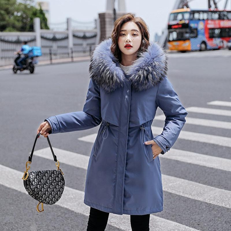 Women Fall Winter Jacket Coat Parka Thicken Cotton Liner Medium Long Hooded Fur Collar Adjustable Waist Solid Color M-6XL