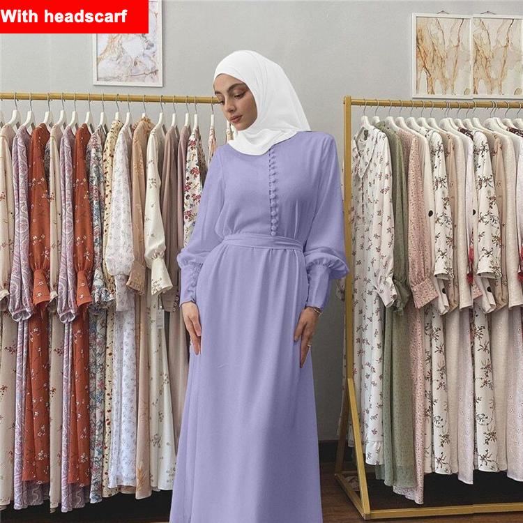 Muslim Women Soft Chiffon Long Skirt Solid Color Maxi Dress Baju Raya Jubah Muslimah Kaftan Long-sleeved Dress