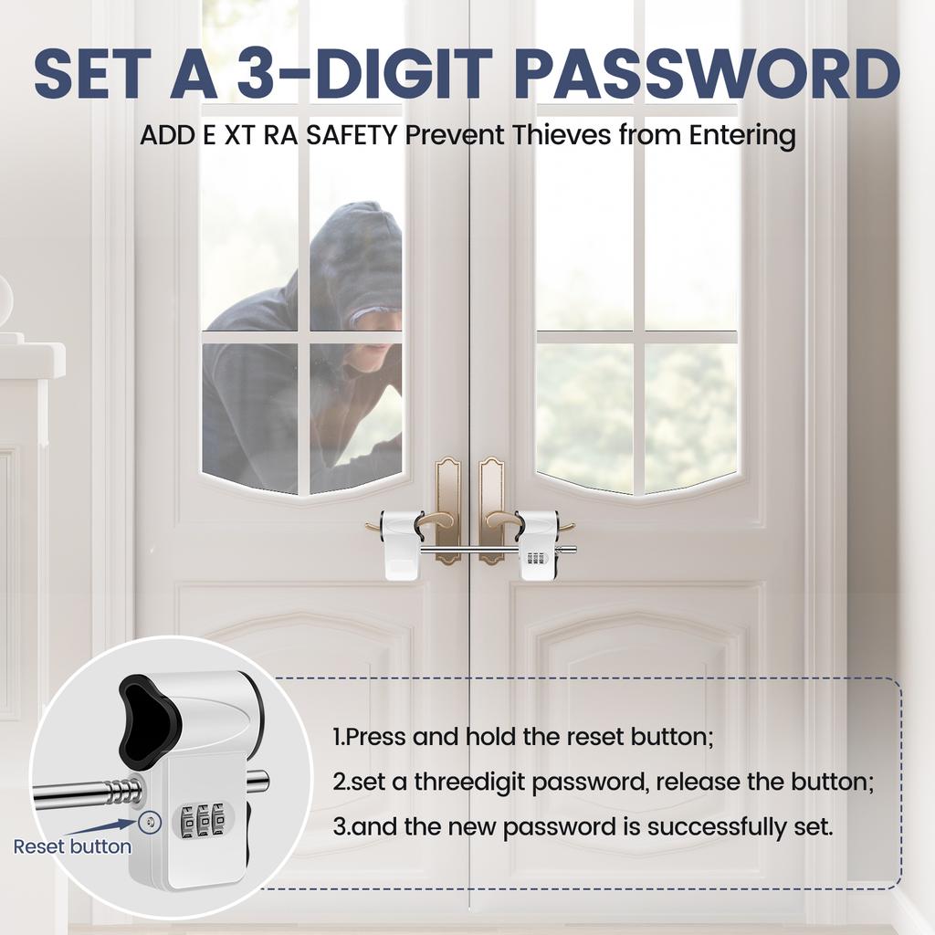 3-Digit Double Door Combination Lock Metal Security Code Lock Sturdy Door Safety Lock for Patio Door French Double Door Handle