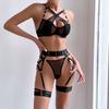 Mesh Splicing Metal Ring Sling Steel Ring Gathering Strap Waist Seal Sexy Underwear Set