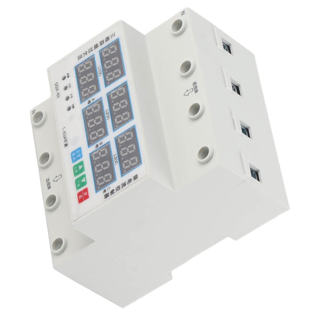 3-фазный вольтметр на DIN-рейку, амперметр, регулируемый предохранитель от перенапряжения, пониженного напряжения и перегрузки по току 63A