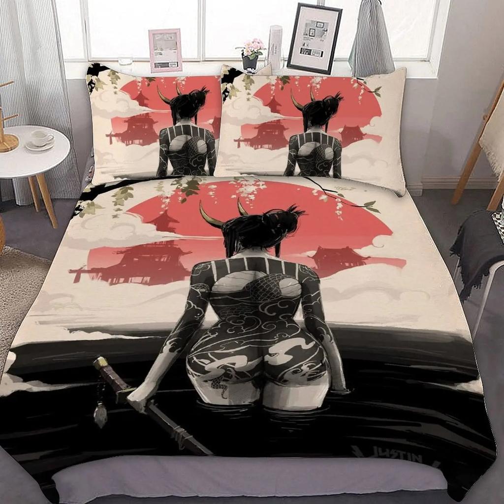 Japanese Samurai Bedding Set, Japan Sunset Landscape Building Silhouette Duvet Cover For Men Teens, Black Red