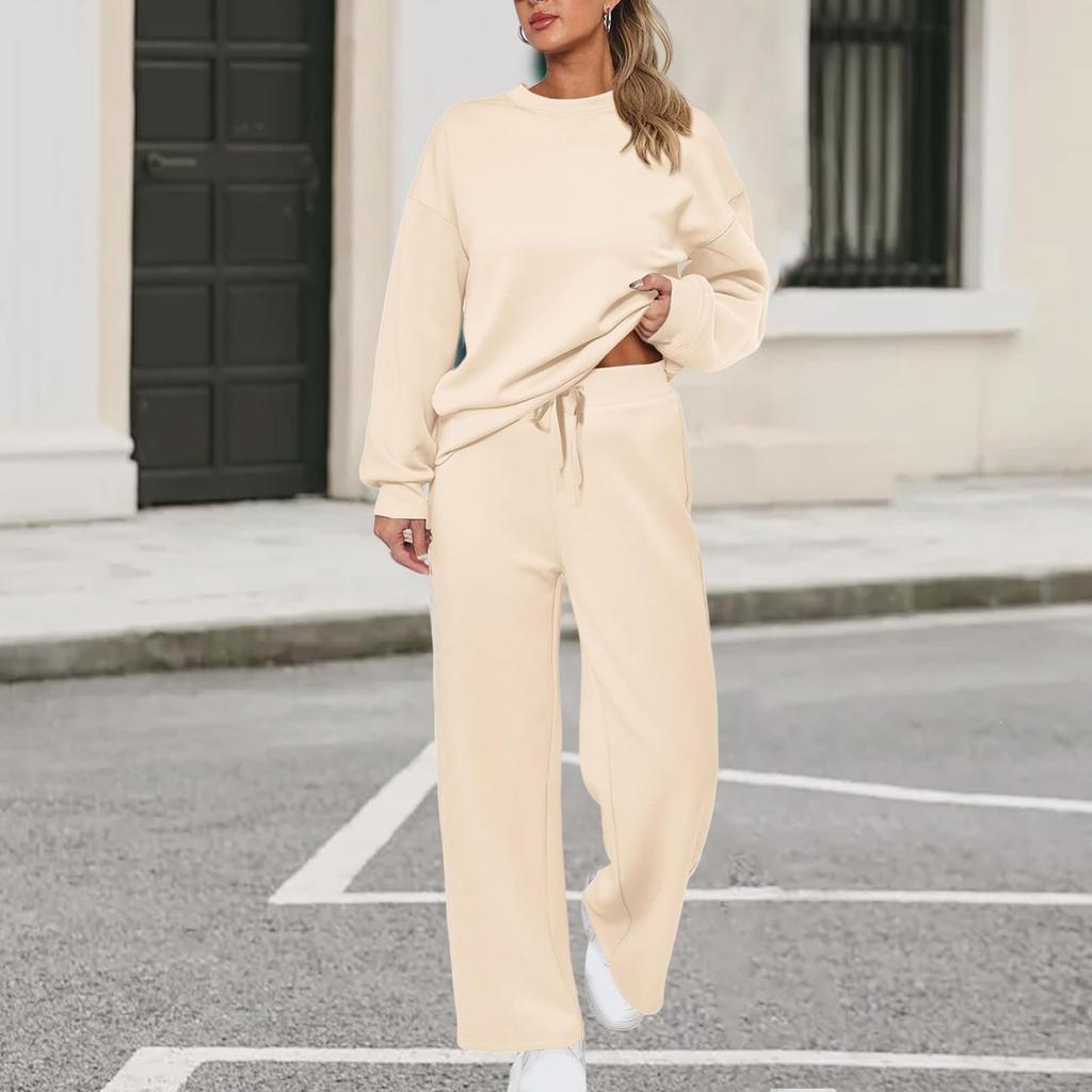 Women's Sports Suit: Solid Color Pullover, Drawstring Straight-leg Sweatpants, Women's Two-piece Casual Suit