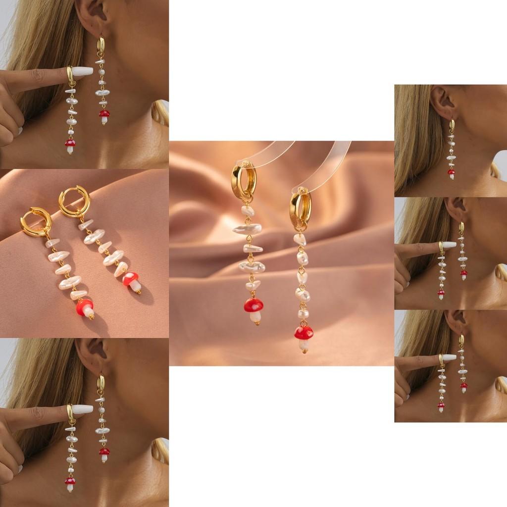 Long Tassel Earrings For Women With Geometric Faux Pearl Mushroom Design Trendy