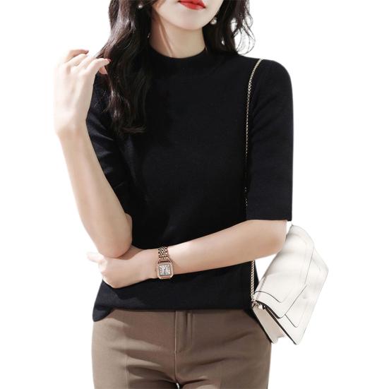 Women Sweater Half High Collar Half Sleeve Knitting Tops Solid Color Slim Fit Sweater Tops Commuting Street Wear