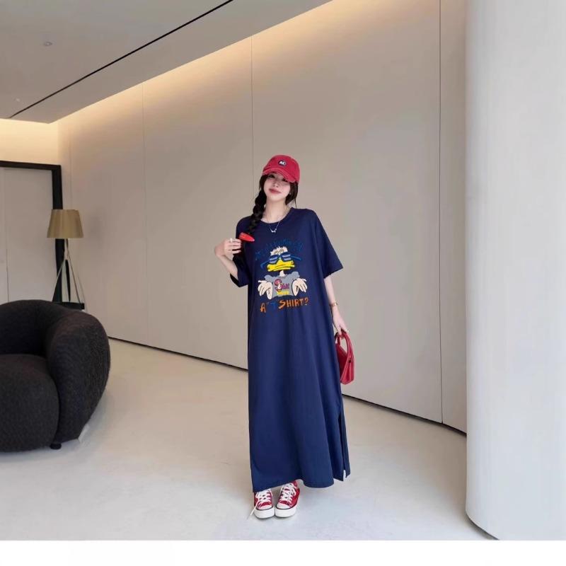 Летнее платье-футболка Lazy с круглым вырезом, свободное, большого размера, темпераментное, утягивающее женское платье