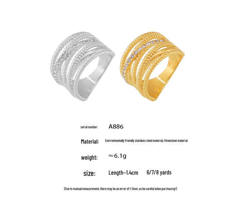 18K Gold-Plated Multi-Layer Twist Cross Diamond Hollow Ring