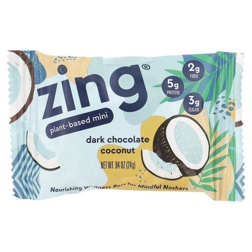 Zing Bars Plant-Based Mini Bars, with Dark Chocolate Coconut and Almond Butter, 18 Bars, 0.84 Oz (24 G) Each