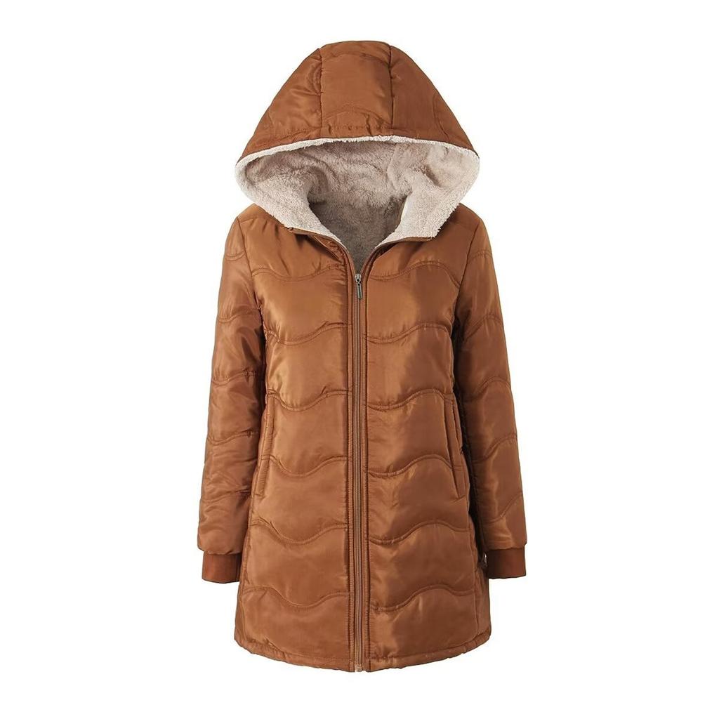 Women's Fashion and Leisure Geometric Wave Hooded Lamb's Wool Thickened Warm Cotton Coat Medium-length Jacket Cotton Clothing