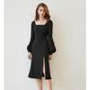 2025 Autumn Retro Puff Sleeve Mid-Length Little Black Dress with Palace Collar