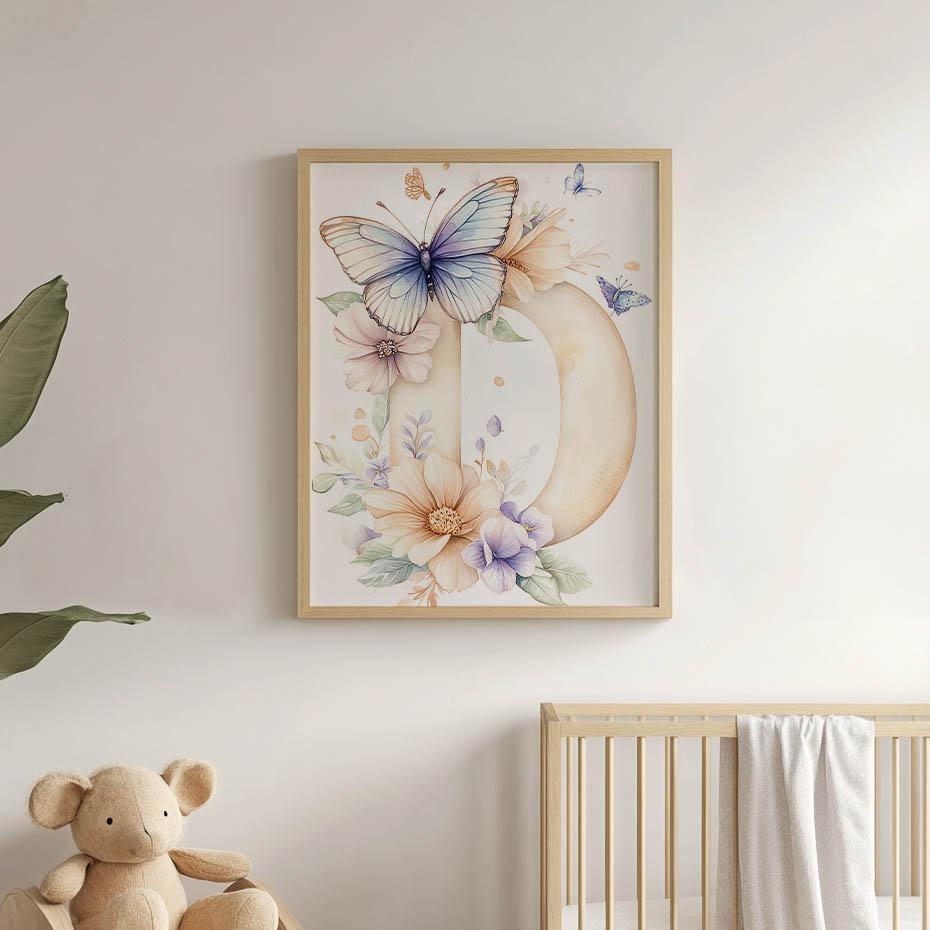 Plakat Urokliwa Litera "D" - Kwiaty I Motyle Plakat Urokliwa Litera "D" - Kwiaty I Motyle, 30X40 Cm, Bez Ramy, Płótno Premium Na Blejtramie