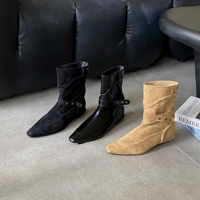 Дом Судина! """Дюна миндаль!"""" Корейские остроносые ботильоны на плоском каблуке женские осень 2025 новые из мягкой кожи одинарные ботинки